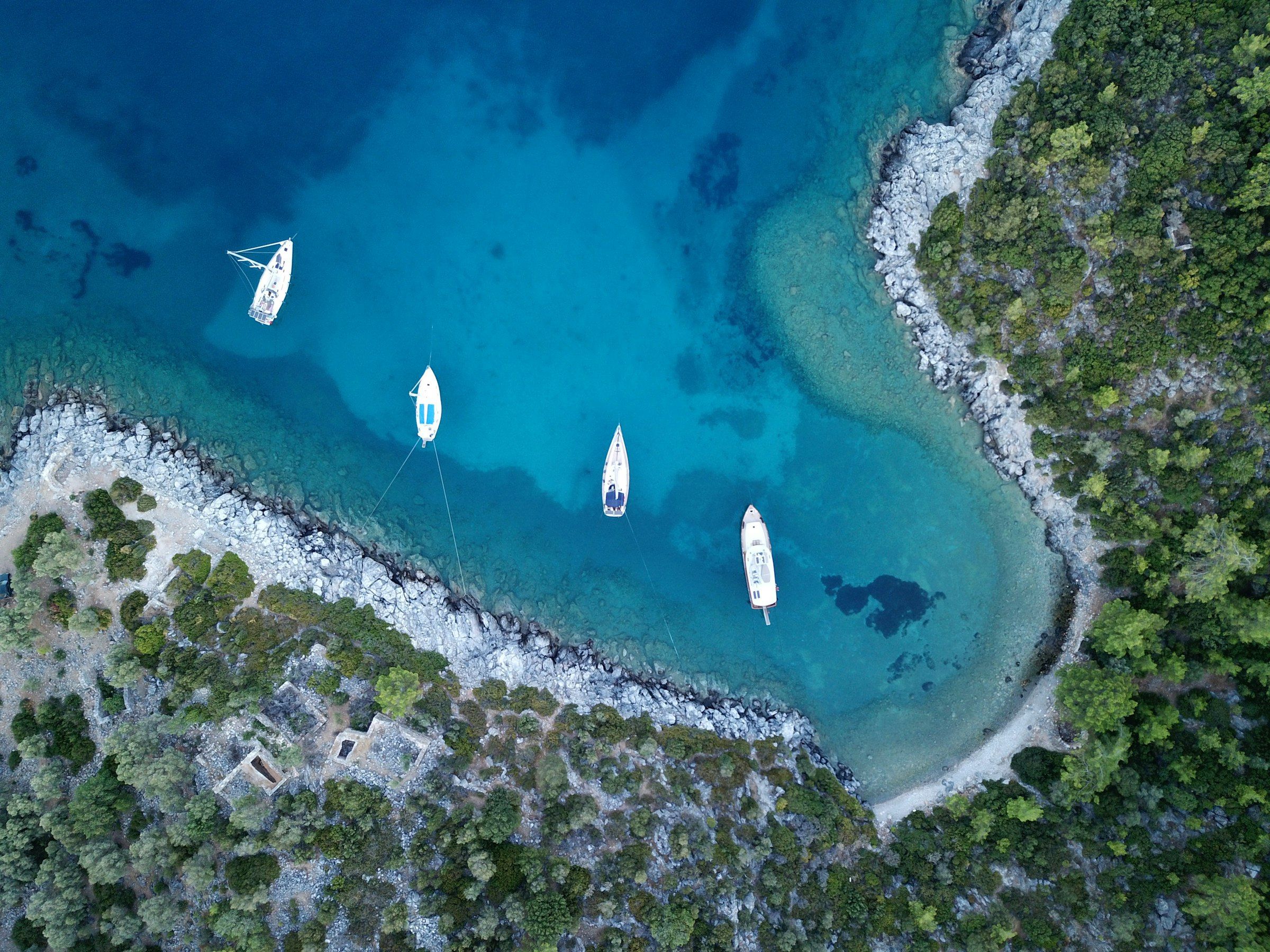 Aerial view of boats anchored in a bay near Bodrum