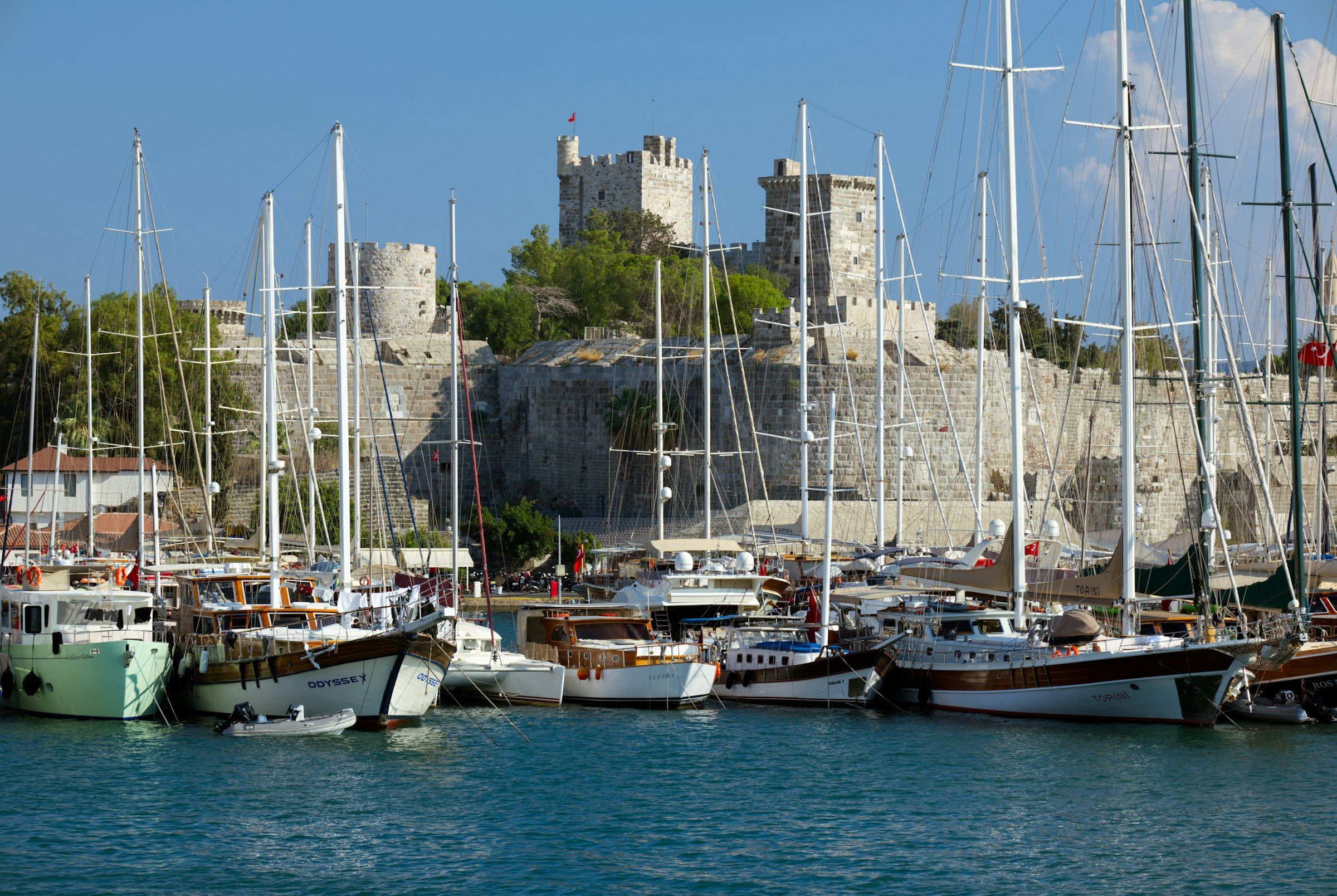 Sailing boats moored below Bodrum Castle