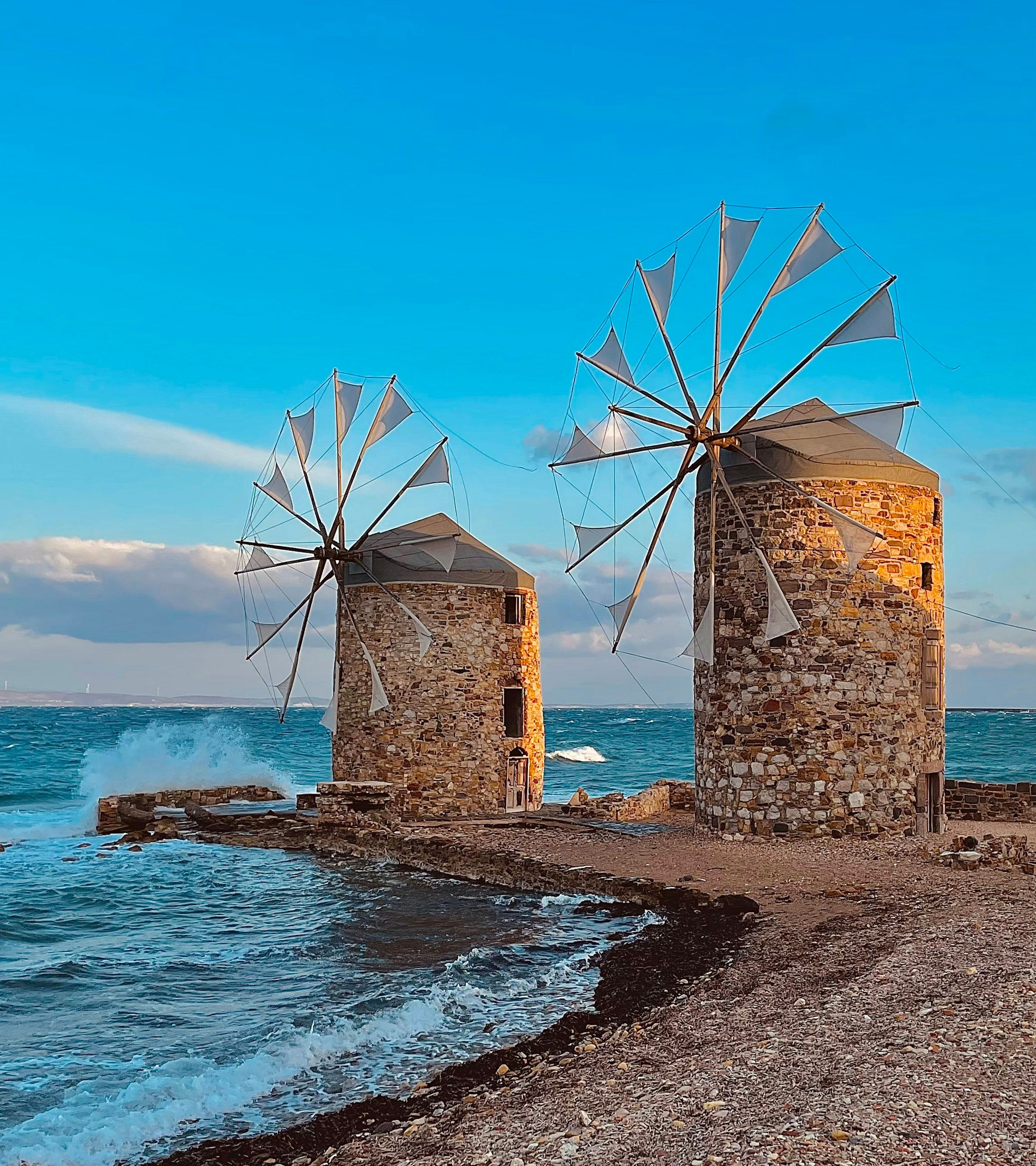 Stone windmills on the shore of Chios