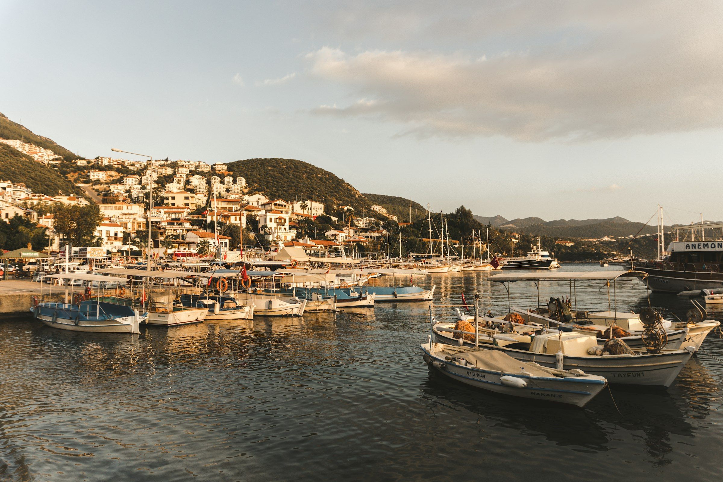 Fishing boats in a harbour at golden hour